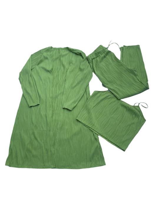 Elegant 3-Piece Textured Set – Dress, Pants & Crop Top – Lime Green
